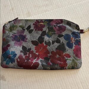 LODIS BRAND FLORAL LEATHER WRISTLET SOFT LEATHER GOLD HARDWARE ZIP CLOSURE
